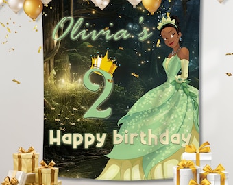 Personalized Tiana Princess Backdrop Birthday for Girl, Custom Name Tiana Banner Princess Tiana Backdrop Gift For Girl, Disney Birthday Gift
