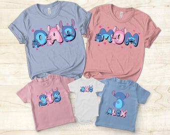 Camiseta familiar de Disney Lilo & Stitch, camiseta de los miembros de la familia de Disney Stitch, mini camiseta personalizada de Stitch Mama Dada, camisetas familiares de la película Lilo Stitch