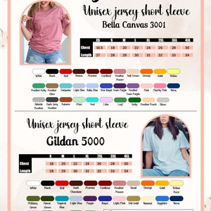 May include: Size chart for unisex jersey short sleeve shirts, including Bella Canvas 3001 and Gildan 5000. Features chest and length measurements in inches, along with a colour palette. Includes processing and shipping information.