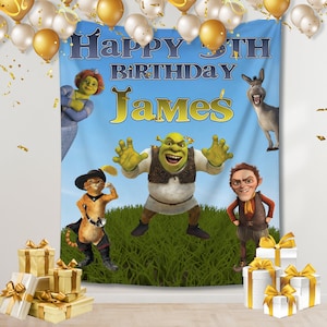 May include: A blue and green birthday banner with Shrek, Fiona, Puss in Boots, and Donkey from the Shrek movies. The banner says "Happy 3rd Birthday James".