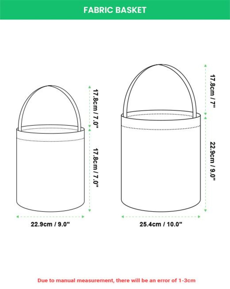 Op de afbeelding: Lijntekening van twee stoffen manden met gebogen handvatten. De kleinere mand is 22,9 cm breed en 17,8 cm hoog. De grotere mand is 25,4 cm breed en 17,8 cm hoog. De tekst "FABRIC BASKET" staat bovenaan.