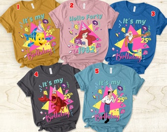 Camiseta unisex personalizada de cumpleaños de Disney La Sirenita, camiseta personalizada de Ariel King Triton Sebastian Flounder Eric Birthday Family