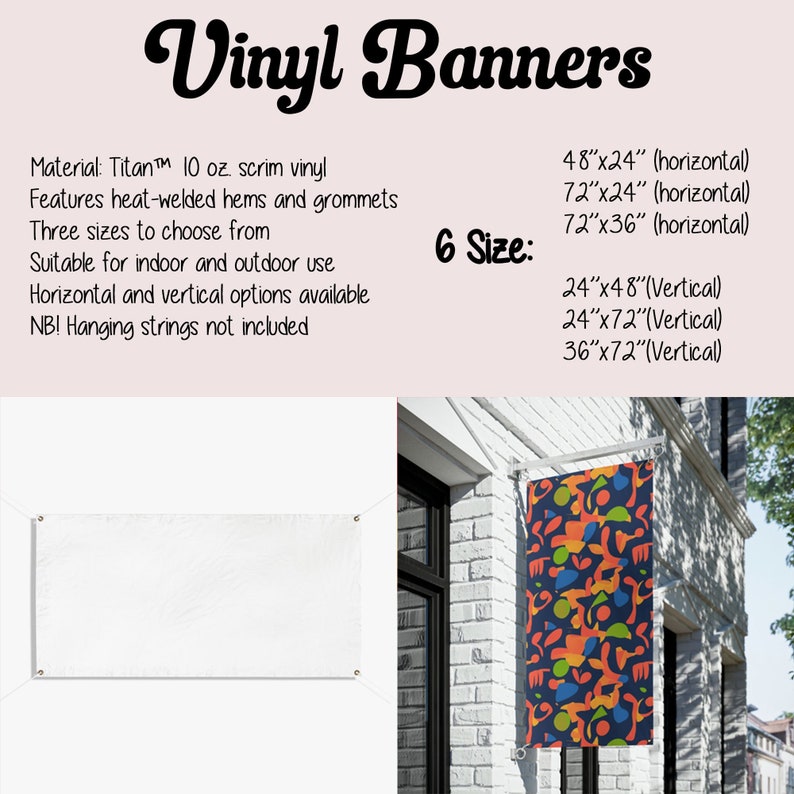 Puede incluir: La imagen muestra pancartas de vinilo con el texto "Vinyl Banners". Las pancartas est&aacute;n disponibles en seis tama&ntilde;os, con opciones horizontales y verticales. Una pancarta muestra un dise&ntilde;o abstracto colorido, mientras que otra es blanca. El material es vinilo Titan&trade; 10 oz.
