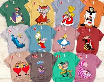 Custom Disney Alice in Wonderland Character Unisex T-shirt, Disney Family Crew Shirt, Cheshire Cat Hatter Alice White Rabbit Disneyland Tee
