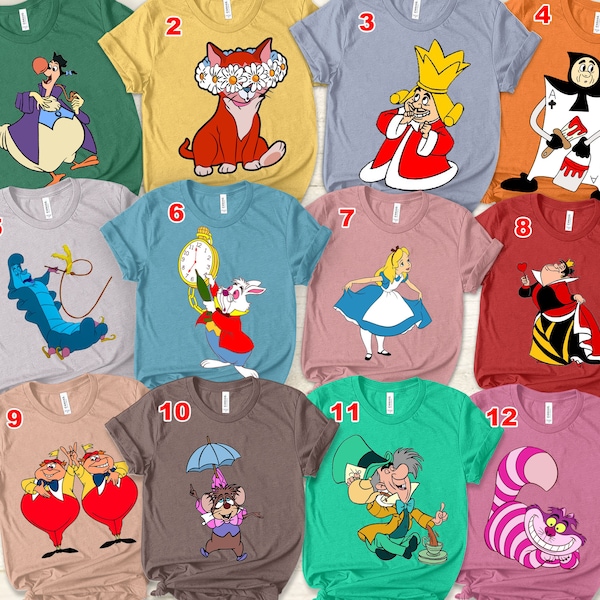 Custom Disney Alice in Wonderland Character Unisex T-shirt, Disney Family Crew Shirt, Cheshire Cat Hatter Alice White Rabbit Disneyland Tee