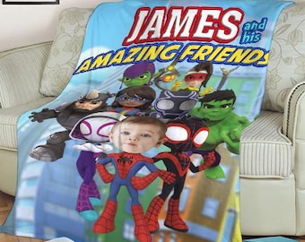 Personalized Spidey and Friends Velveteen Plush Blanket, Custom Name and Face Blanket Gift, Spidey Blanket For Boy Son