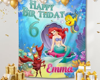 Banner de cumpleaños personalizado de La Sirenita: Fondo de fiesta personalizado