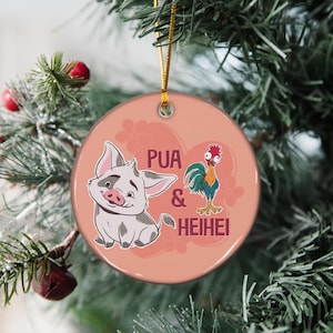 Custom Name Moana Pua And Hei Hei Christmas Ceramic Ornament, Disney Pua Pig Xmas Acrylic Metal Glass Ornament, Disneyland Xmas Ornament