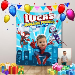 May include: A personalized birthday banner featuring the name "Lucas" and the phrase "Amazing Friends." The banner includes illustrations of Spider-Man characters, balloons, and a photo of a child dressed as Spider-Man. Colorful gift boxes are in the foreground.