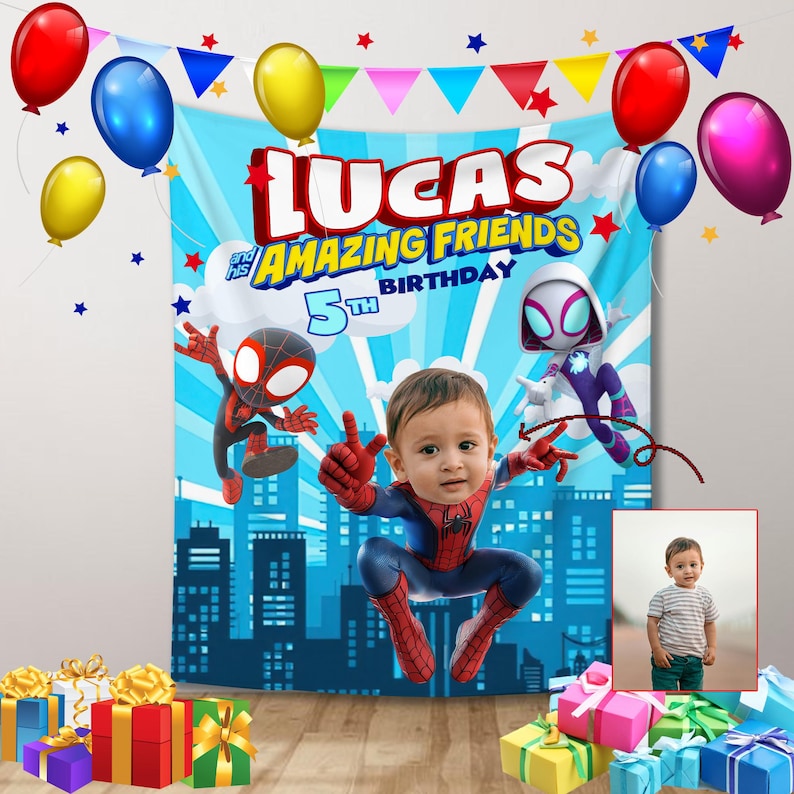 May include: A personalized birthday banner featuring the name "Lucas" and the phrase "Amazing Friends." The banner includes illustrations of Spider-Man characters, balloons, and a photo of a child dressed as Spider-Man. Colorful gift boxes are in the foreground.