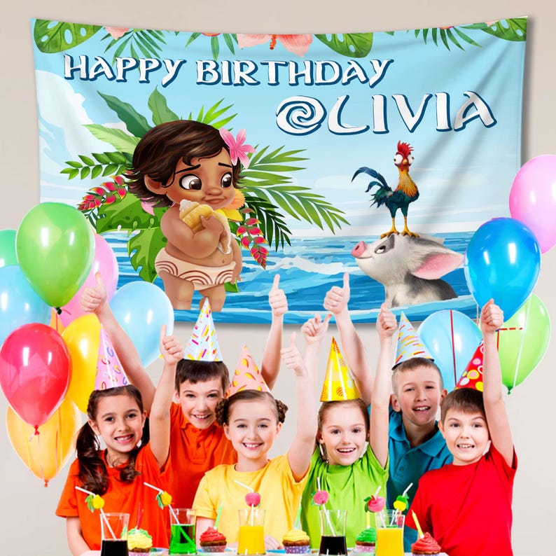 May include: A birthday party scene with a banner that reads "Happy Birthday Olivia." The banner features cartoon characters and tropical foliage. Children are holding balloons and wearing party hats, with drinks and cupcakes on the table.