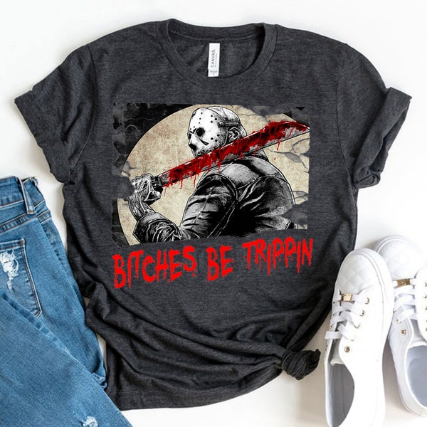 Cadeau de fichier PNG Halloween, fichier png Bitches Be Trippin, cadeau png de film d'horreur vintage, vendredi 13 film png, t-shirt film Halloween