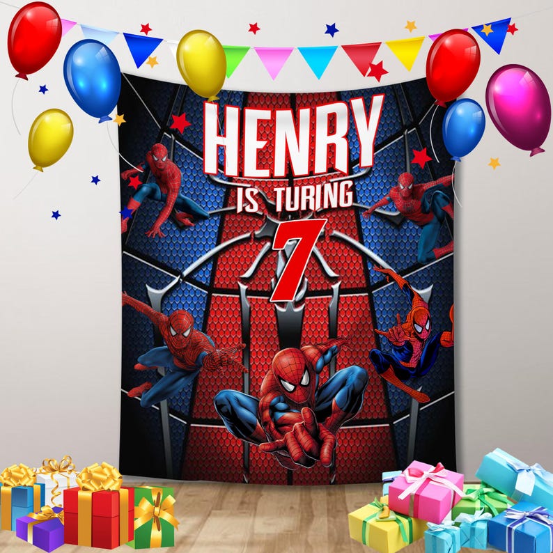 May include: A birthday party backdrop featuring the text "HENRY IS TURNING 7" with a Spider-Man theme. The backdrop is red and blue with Spider-Man illustrations. Balloons and gifts are in the foreground.