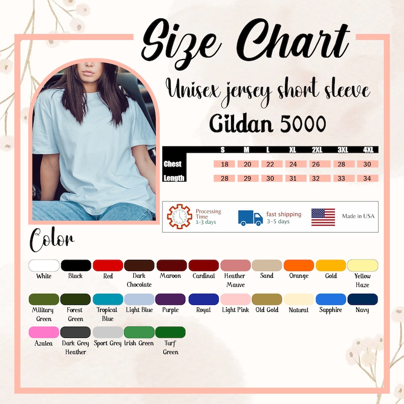 May include: A size chart for a Gildan 5000 unisex jersey short sleeve t-shirt. The chart displays chest and length measurements in inches for sizes S through 4XL. Below, a color palette shows various fabric options including white, black, red, and blue.
