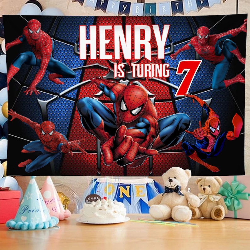 May include: A birthday banner featuring Spider-Man in various action poses. The banner has a red and blue color scheme with the words "HENRY IS TURNING 7" in large white letters. Party hats, a cake, and teddy bears are in the foreground.