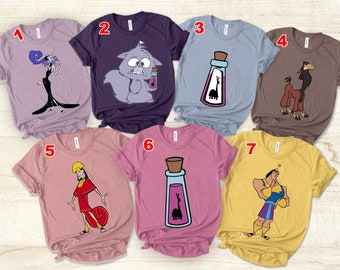 May include: A collection of seven graphic t-shirts featuring characters and imagery from the animated film "The Emperor's New Groove." Each shirt displays a different character or design in various colors, including purple, blue, pink, and yellow.