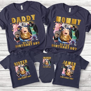 May include: A set of four navy blue t-shirts featuring the characters from the animated movie Sing. The shirts say "Daddy of the Birthday Boy", "Mommy of the Birthday Boy", "Sister of the Birthday Boy", and "James Birthday Boy".