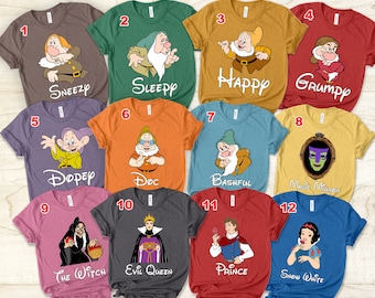 Personalized Disney Snow White Characters Unisex T-shirt, Disney Seven Dwarfs Grumpy Dopey Birthday Shirt, Disneyland Family Trip Shirt Gift