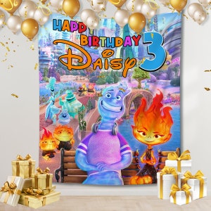 Puede incluir: Una pancarta de cumpleaños colorida con personajes de la película "Elemental" de Disney Pixar. La pancarta dice "Happy Birthday Daisy 3" con un castillo de Disney azul y blanco en el fondo.