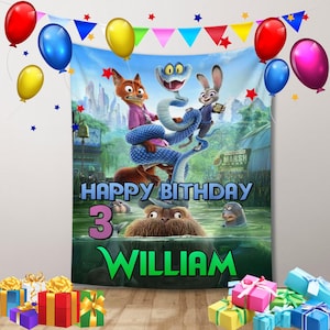 May include: A colorful birthday banner featuring characters from the animated movie Zootopia. The banner includes the text "HAPPY BIRTHDAY 3 WILLIAM" with balloons, stars, and gift boxes.