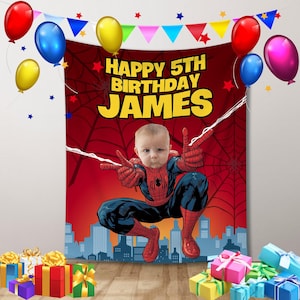 Custom Spiderman Birthday Banner Backdrop with kid as the star, Superhero party decor image 1