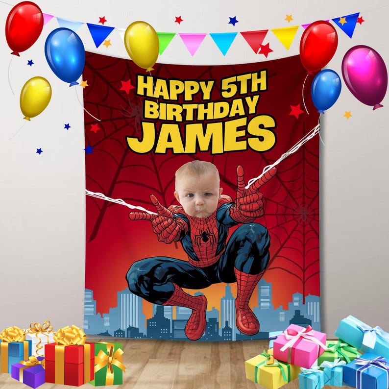 Custom Spiderman Birthday Banner Backdrop with kid as the star, Superhero party decor image 1