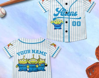 Camiseta de béisbol personalizada de Disney Toy Story Aliens, nombre personalizado para niños, jóvenes y adultos, atuendo del equipo de Disney, regalo de Pixar Toy Story para fanáticos.
