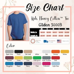 May include: A size chart for a Gildan 5000B Kids Heavy Cotton Tee featuring a blue t-shirt, a table with width and length measurements in inches for sizes XS to XL, and a color palette showing various options including grey, black, and blue.
