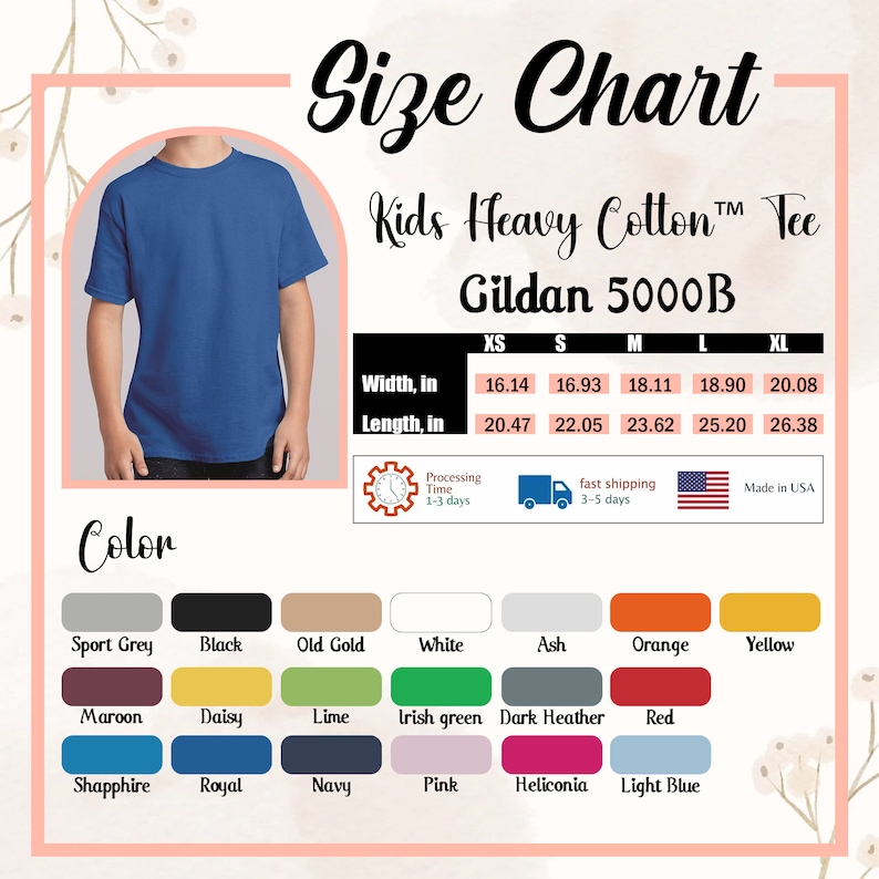 May include: A size chart for a Gildan 5000B Kids Heavy Cotton Tee featuring a blue t-shirt, a table with width and length measurements in inches for sizes XS to XL, and a color palette showing various options including grey, black, and blue.