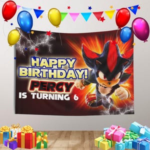 Sfondo per festa di compleanno di Sonic, striscione di compleanno Shadow Hedgehog, sfondo personalizzato Shadow, decorazioni per compleanno Shadow, Shadow Sonic 3 Birthday
