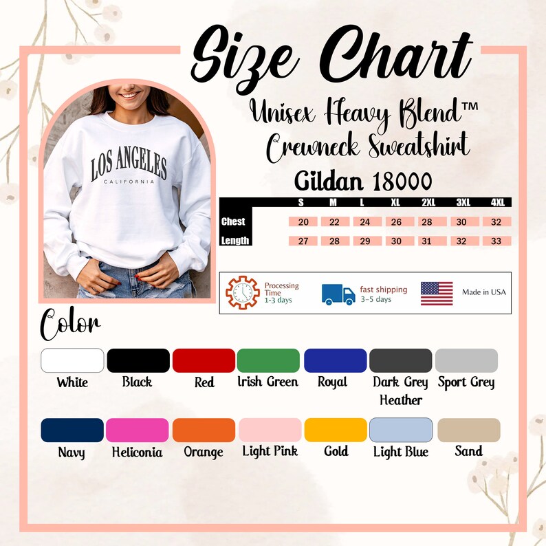 May include: A size chart for a Gildan 18000 unisex heavy blend crewneck sweatshirt. The chart displays chest and length measurements in inches for sizes S through 4XL. It includes a color palette of fifteen swatches and a photo of a white sweatshirt.