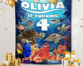 Custom Name Finding Nemo Birthday Backdrop, Finding Nemo Birthday Party, Finding Nemo Party, Custom Name Finding Nemo Theme Backdrop Gift