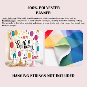 May include: A white polyester banner with the text "Happy Birthday" and colourful balloons. The banner is made of durable, synthetic fabric with hemmed edges. Party hats are in the foreground. The banner is 100% polyester.