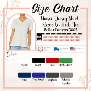 May include: A white V-neck t-shirt is shown, with a size chart and colour options. The chart lists chest and length measurements in inches for sizes XS to 3XL. Colour options include white, black, red, and more.