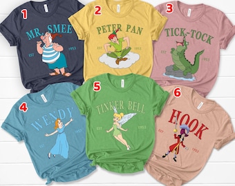 Peter Pan-shirt, bijpassende Disney-shirts, groeps-Disney-shirts, vakantie-T-shirt, Wendy Captain Hook Mr. Smee Tick-Tock Tinker Bell Nana-shirt