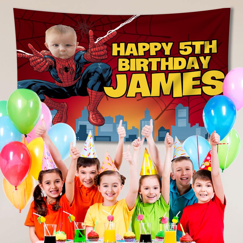 Custom Spiderman Birthday Banner Backdrop with kid as the star, Superhero party decor image 2