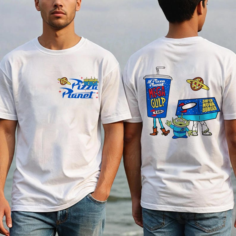 May include: White t-shirt with the Pizza Planet logo on the front and a Mega Gulp drink and alien graphic on the back. The shirt also has a Super Nova Burger graphic. The shirt is made of a soft, comfortable material.