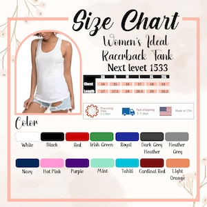 May include: A white racerback tank top is shown with a size chart and colour options. The chart provides chest and length measurements in inches for sizes XS to 2XL. Colour options include white, black, red, and other shades. Made in USA.