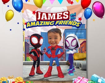 Custom Face Spidey Birthday Backdrop, Personalized Name Kids Banner Gift, Custom Spidey with Photo Banner Gift for Boys, Spiderman Banner