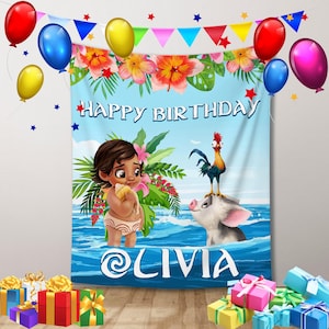 May include: A birthday party backdrop featuring a cartoon character, a pig, and a rooster. The backdrop is light blue with the words "Happy Birthday" and the name "Olivia". Colorful balloons and gift boxes decorate the scene.
