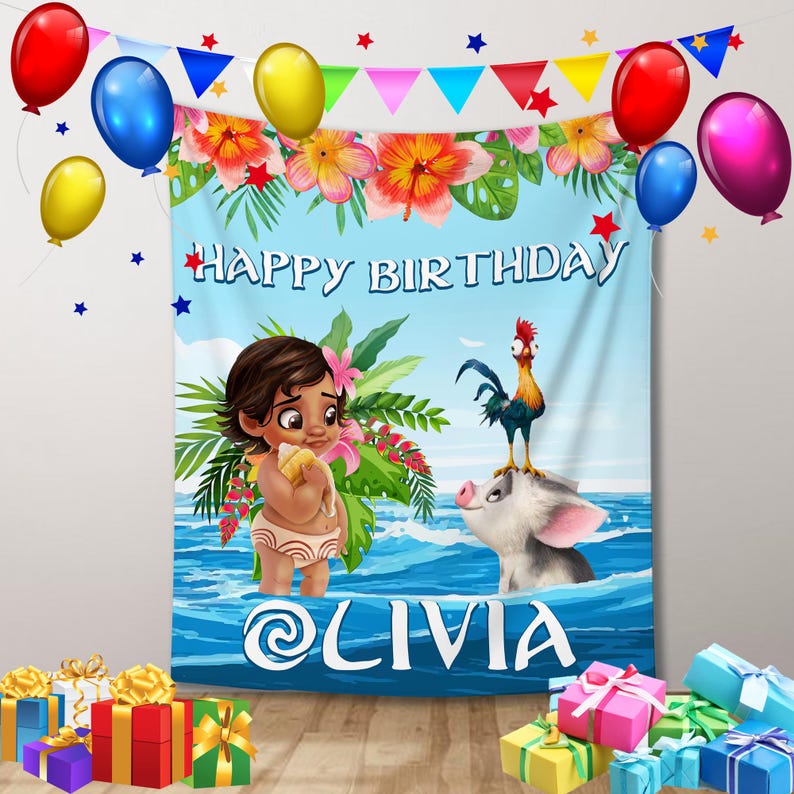 May include: A birthday party backdrop featuring a cartoon character, a pig, and a rooster. The backdrop is light blue with the words "Happy Birthday" and the name "Olivia". Colorful balloons and gift boxes decorate the scene.