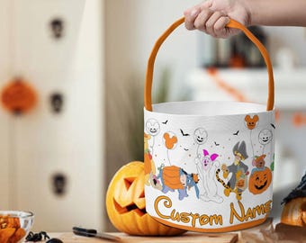 Cute Pooh And friends Character Holding A Toys Bag Spooky Season Basket, Funny Pooh And Piglet Playing Toys Halloween Basket, Halloween Gift