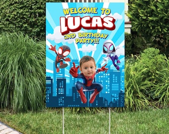 Spidey Birthday Welcome Sign with Photo: Corrugated Plastic Party Decor