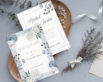 Floral Blue Wedding Invitation Template Bundle| Elegant Blue and White Floral| Printable and Digital Canva Template