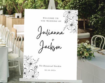 Minimalist Wedding Welcome Sign Template| Classy Black and White Vertical Sign 3 Size Options| Printable and Digital Canva Template