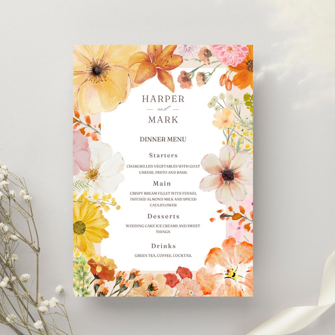 Colorful Spring Garden Flower Wedding Menu Template| Elegant Colorful Spring Floral| Printable and Digital Canva Template