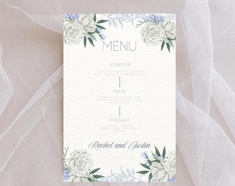 Floral Blue Wedding Menu Template| Elegant Blue and White Floral| Printable and Digital Canva Template