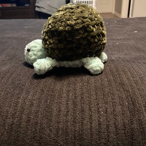 May include: A green and light blue crocheted turtle toy. The turtle is lying on its side with its head and legs visible.
