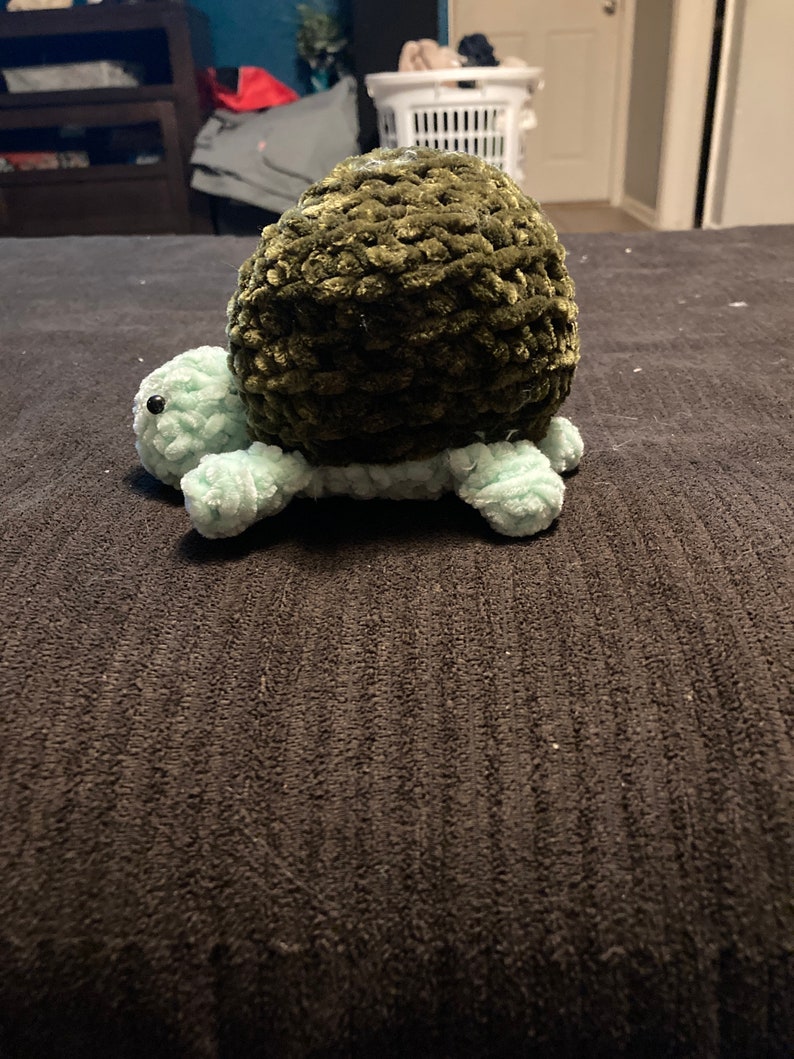 May include: A green and light blue crocheted turtle toy. The turtle is lying on its side with its head and legs visible.
