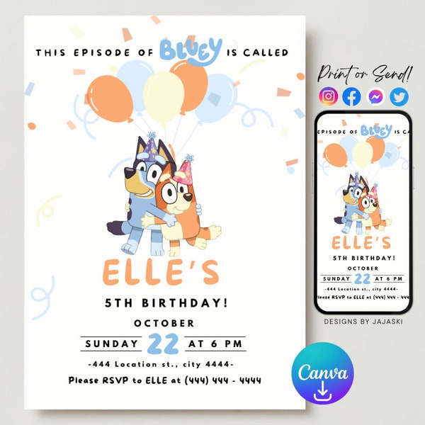 Boys blue dog birthday invitation, girls birthday party, childrens birthday party, digital birthday invitation, blue dog decor, editable